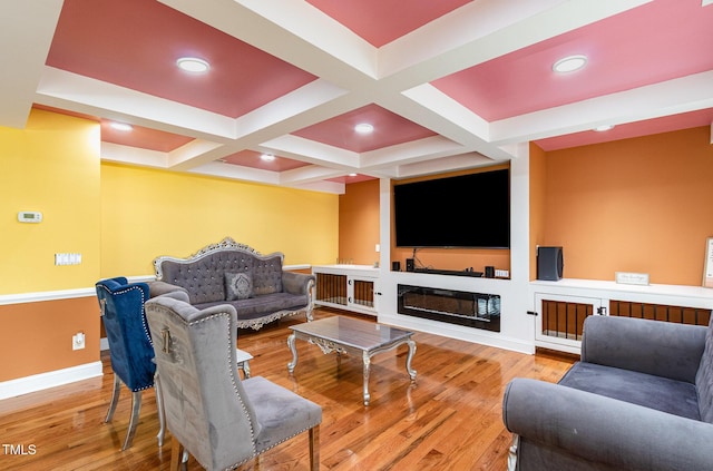 412 Collington Dr, Mebane, NC 27302 - living area featuring beamed ceiling, wood finished floors, coffered ceiling, and baseboards