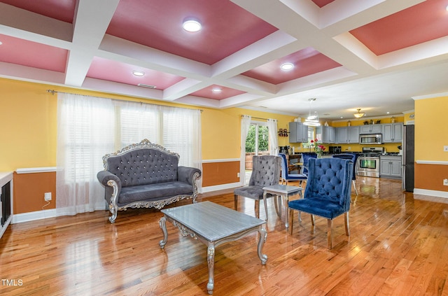 412 Collington Dr, Mebane, NC 27302 - living area with coffered ceiling, baseboards, light wood-type flooring, and beamed ceiling