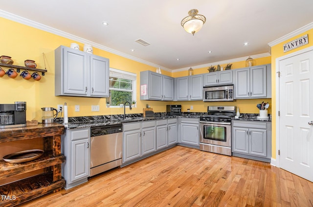 412 Collington Dr, Mebane, NC 27302 - kitchen with appliances with stainless steel finishes, gray cabinets, crown molding, light wood-type flooring, and a sink