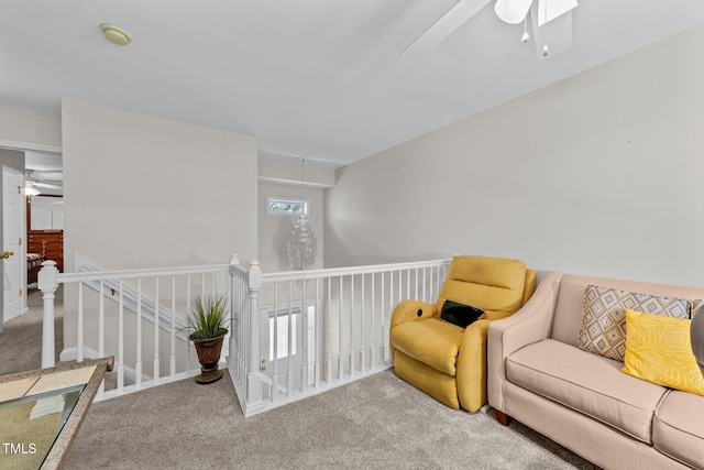 11013 Louson Pl, Raleigh, NC 27614 - sitting room with an upstairs landing, carpet floors, and a ceiling fan