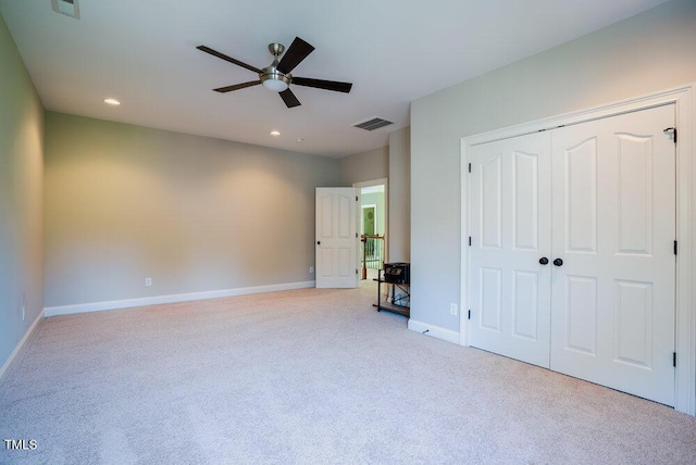 3911 Morvan Way, Raleigh, NC 27612 - unfurnished bedroom with light carpet, baseboards, recessed lighting, a closet, and ceiling fan