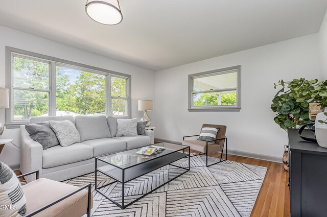 living room featuring plenty of natural light, light wood-type flooring, and baseboards