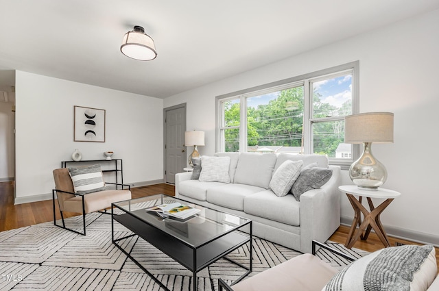 living area featuring wood finished floors and baseboards
