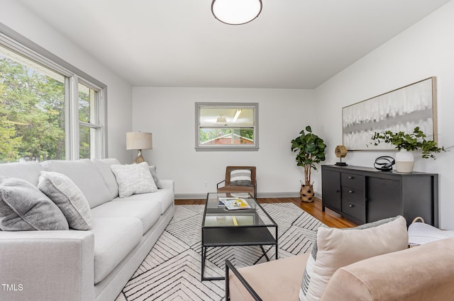 living room featuring wood finished floors and baseboards