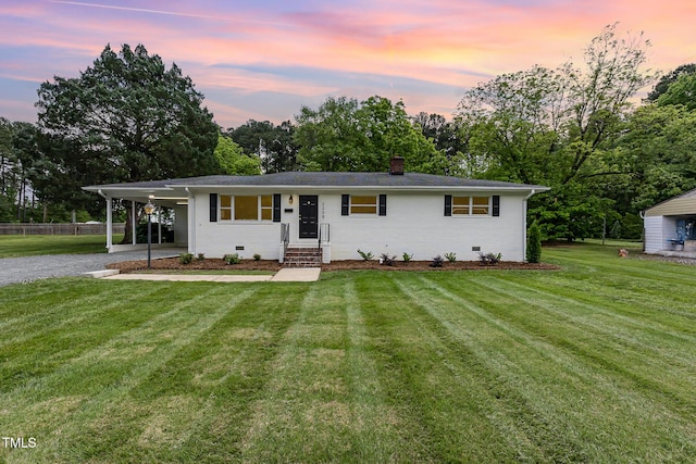 2205 W Carver St, Durham, NC 27705 - ranch-style home with crawl space, driveway, an attached carport, a chimney, and view of scattered trees