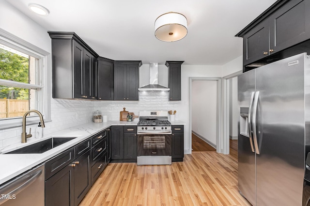 2205 W Carver St, Durham, NC 27705 - kitchen with appliances with stainless steel finishes, wall chimney range hood, a sink, and tasteful backsplash