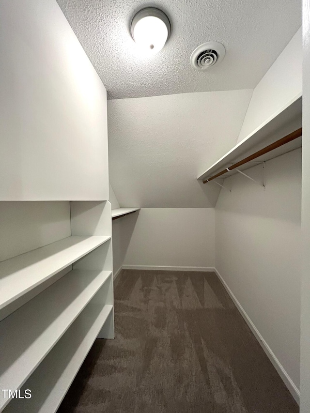 walk in closet with vaulted ceiling and carpet floors