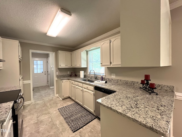 kitchen featuring a sink, dishwasher, range with electric stovetop, a textured ceiling, and ornamental molding