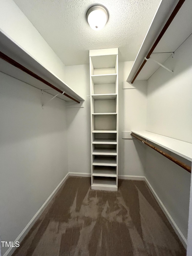 spacious closet featuring dark carpet