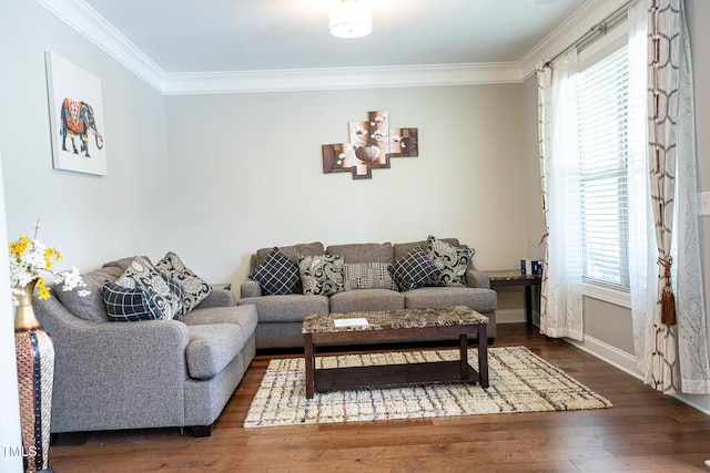living area featuring ornamental molding, healthy amount of natural light, wood finished floors, and baseboards