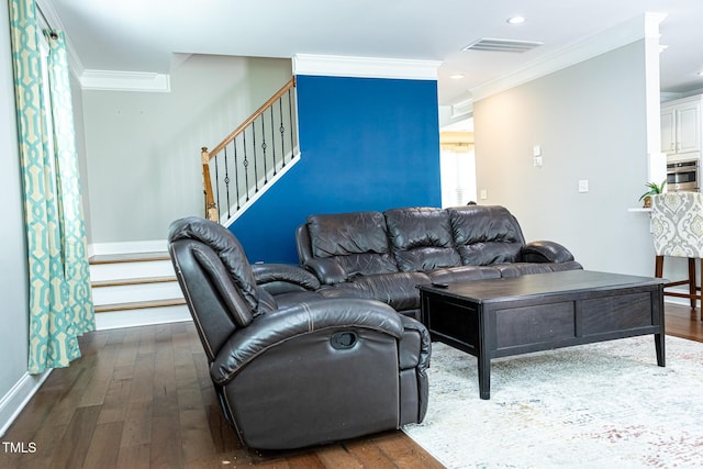 living area with crown molding, stairs, dark wood-style flooring, baseboards, and recessed lighting