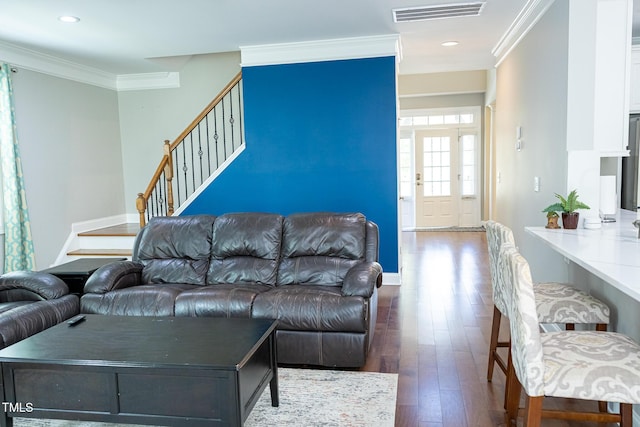 living area featuring crown molding, dark wood finished floors, stairs, recessed lighting, and baseboards