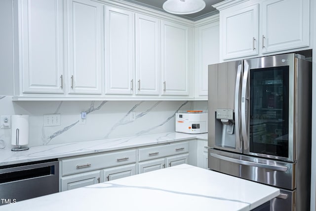 kitchen featuring stainless steel fridge with ice dispenser, dishwashing machine, white cabinetry, tasteful backsplash, and light stone counters