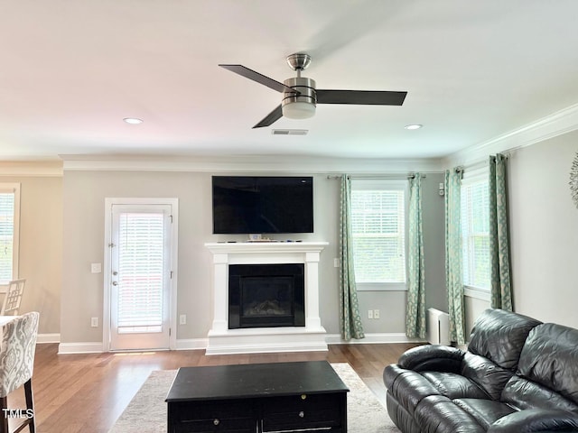 5016 Trembath Ln, Cary, NC 27519 - living area with wood finished floors, a ceiling fan, ornamental molding, a glass covered fireplace, and baseboards
