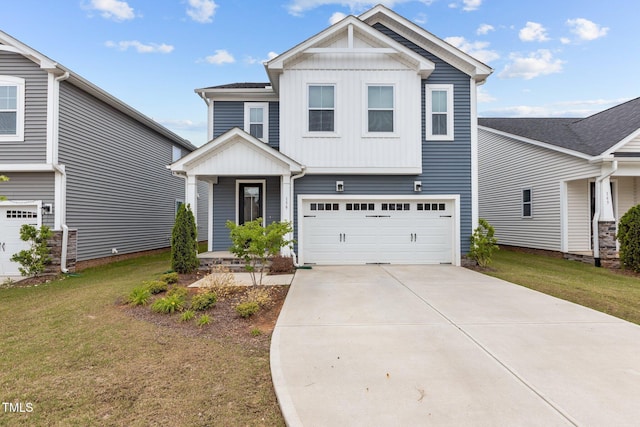 159 Wood Orchid Ln, Garner, NC 27529 - view of front facade with board and batten siding, a garage, a front yard, and driveway