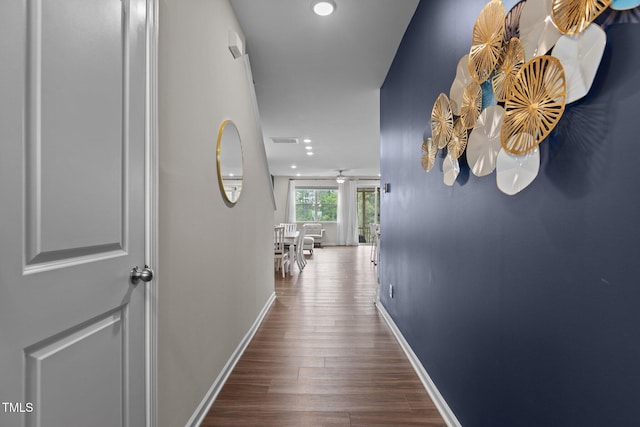 159 Wood Orchid Ln, Garner, NC 27529 - hall featuring dark wood-style floors, baseboards, and recessed lighting