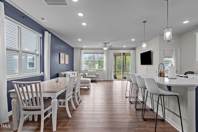 159 Wood Orchid Ln, Garner, NC 27529 - dining room with recessed lighting, dark wood-style flooring, ceiling fan, and baseboards