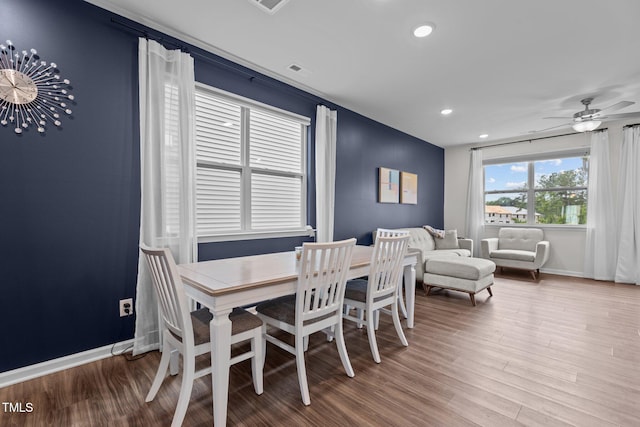 159 Wood Orchid Ln, Garner, NC 27529 - dining room with wood finished floors, recessed lighting, baseboards, and a ceiling fan