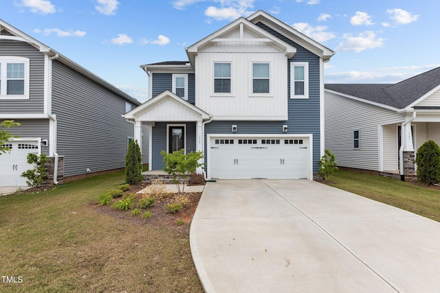 159 Wood Orchid Ln, Garner, NC 27529 - view of front of property with board and batten siding, an attached garage, a front yard, and driveway