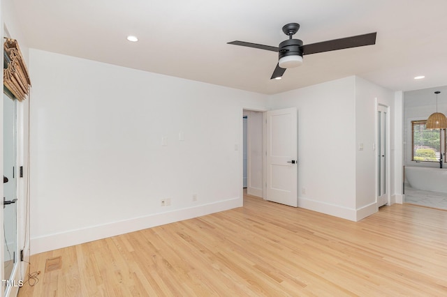 unfurnished bedroom featuring light wood-type flooring, baseboards, recessed lighting, and ceiling fan
