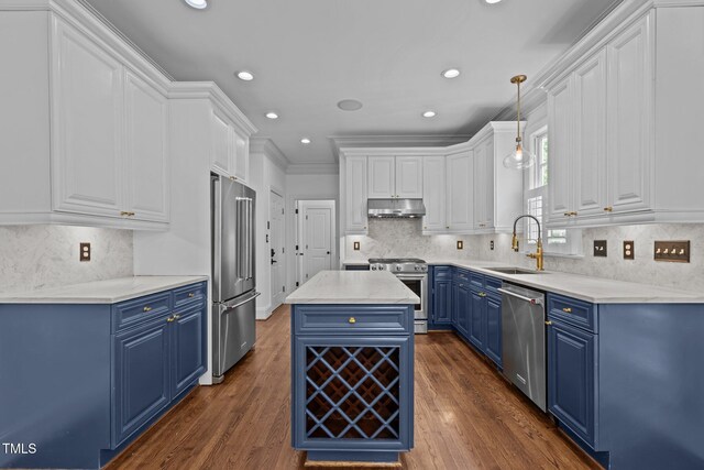 3323 Cheswick Dr, Raleigh, NC 27609 - kitchen with blue cabinets, premium appliances, under cabinet range hood, a sink, and white cabinetry
