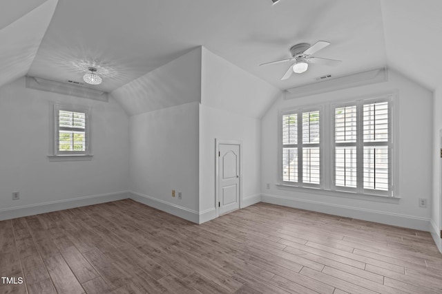 3323 Cheswick Dr, Raleigh, NC 27609 - additional living space featuring vaulted ceiling, wood finished floors, a ceiling fan, and baseboards