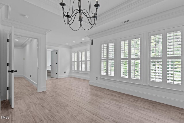 3323 Cheswick Dr, Raleigh, NC 27609 - interior space featuring ornamental molding, baseboards, a chandelier, light wood-type flooring, and recessed lighting