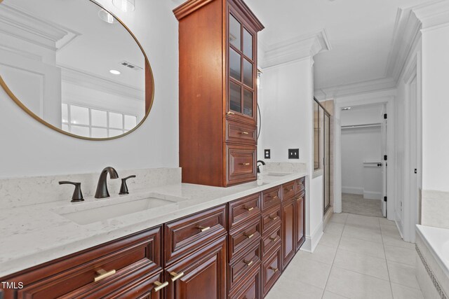 3323 Cheswick Dr, Raleigh, NC 27609 - bathroom with ornamental molding, a stall shower, tile patterned floors, double vanity, and a tub to relax in