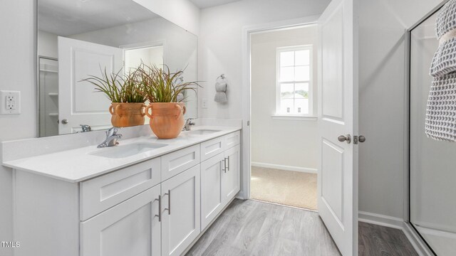 209 Wood St, La Grange, NC 28551 - full bathroom with wood finished floors, baseboards, double vanity, and a shower with shower door