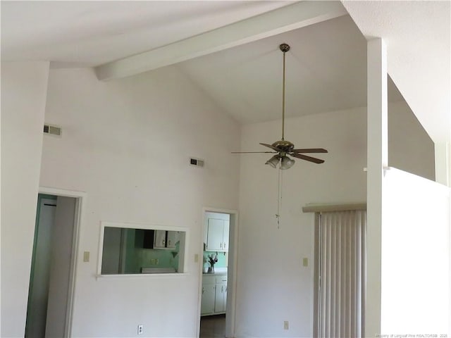 5609 Bowman Ct, Fayetteville, NC 28304 - empty room featuring high vaulted ceiling, a ceiling fan, and beam ceiling