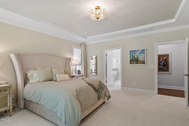 131 English Violet Ln, Raleigh, NC 27610 - bedroom featuring a tray ceiling, crown molding, light carpet, a textured ceiling, and a chandelier