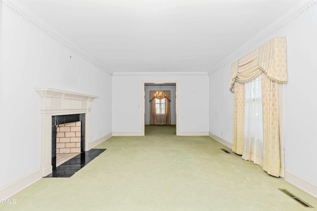 411 W Killiegrey St, Lillington, NC 27546 - unfurnished living room with carpet flooring, crown molding, a fireplace with flush hearth, baseboards, and a chandelier