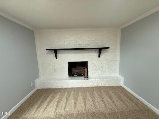 65 Prospect Church Rd, Erwin, NC 28339 - unfurnished living room featuring carpet floors, a brick fireplace, crown molding, and baseboards