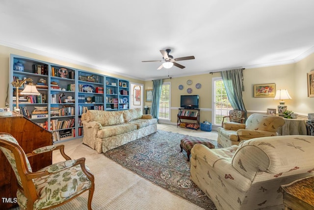4 Barkridge Ct, Durham, NC 27713 - carpeted living area featuring crown molding and ceiling fan