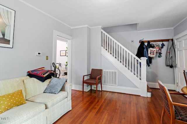 1314 Glendale Ave, Durham, NC 27701 - living room with stairway, hardwood / wood-style flooring, ornamental molding, and baseboards