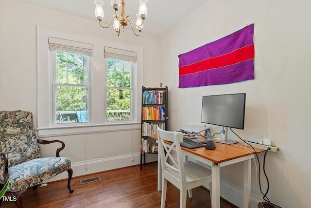 1314 Glendale Ave, Durham, NC 27701 - office featuring wood finished floors, a chandelier, ornamental molding, and baseboards