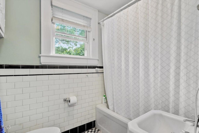 1314 Glendale Ave, Durham, NC 27701 - full bathroom featuring tile walls, a sink, shower / bathtub combination with curtain, and tile patterned flooring