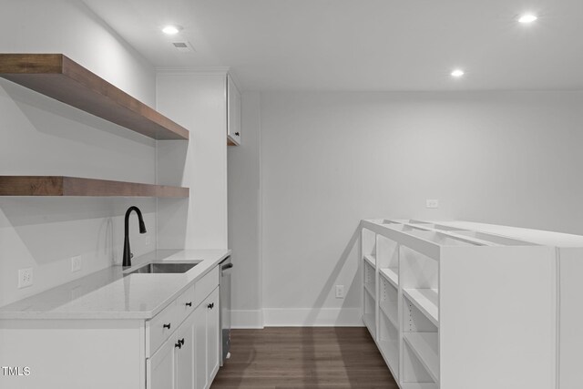 248 Ashford Dr, Pittsboro, NC 27312 - kitchen featuring open shelves, a sink, dishwasher, dark wood-type flooring, and recessed lighting