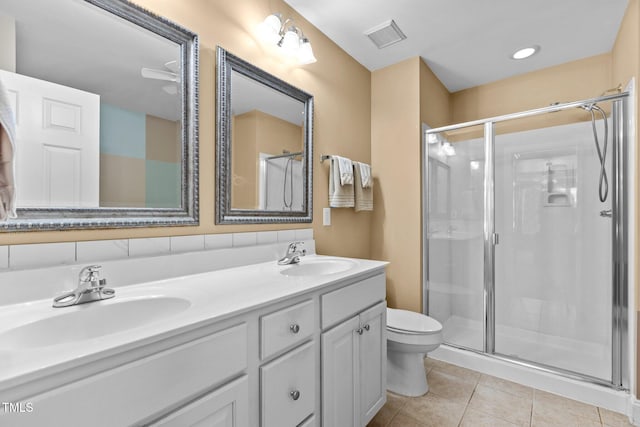 bathroom with a shower stall, tile patterned floors, and toilet