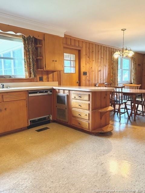 209 S Main St, Salemburg, NC 28385 - kitchen featuring open shelves, dishwashing machine, plenty of natural light, crown molding, and wooden walls