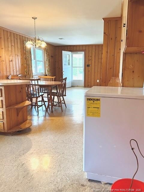 209 S Main St, Salemburg, NC 28385 - kitchen with wood walls, open shelves, and hanging light fixtures