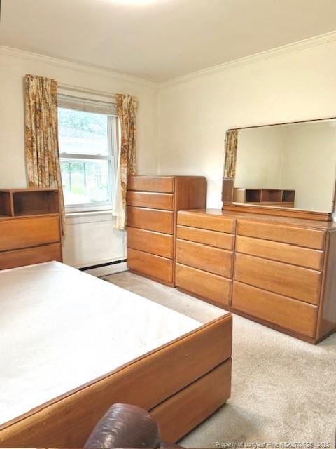 209 S Main St, Salemburg, NC 28385 - bedroom with ornamental molding, a baseboard heating unit, and light carpet