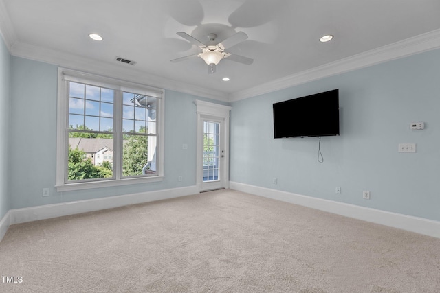 735 Portstewart Dr, Cary, NC 27519 - empty room with ornamental molding, baseboards, carpet, a ceiling fan, and recessed lighting