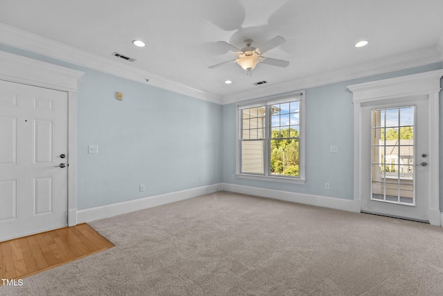 735 Portstewart Dr, Cary, NC 27519 - carpeted empty room featuring a ceiling fan, baseboards, recessed lighting, and crown molding