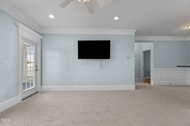 735 Portstewart Dr, Cary, NC 27519 - empty room with ornamental molding, carpet floors, ceiling fan, recessed lighting, and baseboards