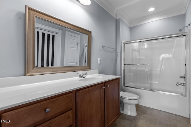 735 Portstewart Dr, Cary, NC 27519 - bathroom with crown molding, toilet, vanity, bath / shower combo with glass door, and tile patterned floors