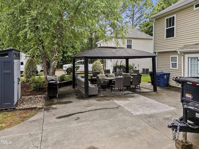 view of patio with a gazebo, an outdoor hangout area, outdoor dining area, a grill, and central AC