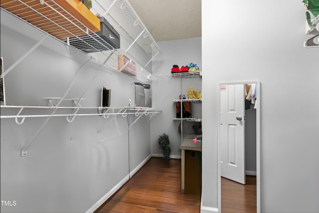 walk in closet with wood finished floors