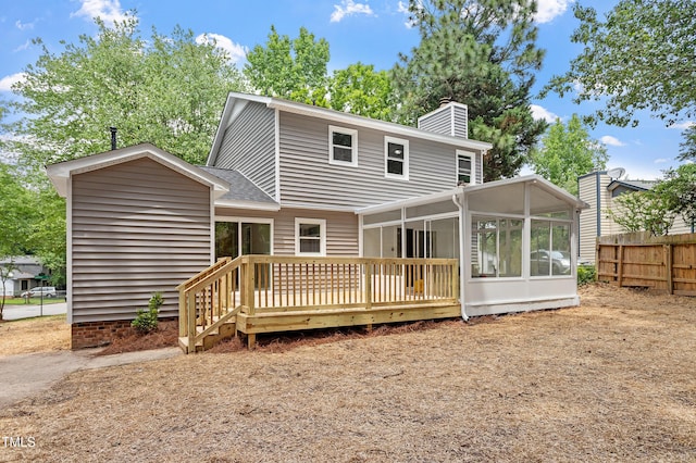 3700 Summer Pl, Raleigh, NC 27604 - rear view of property with a sunroom, a chimney, fence, and a wooden deck