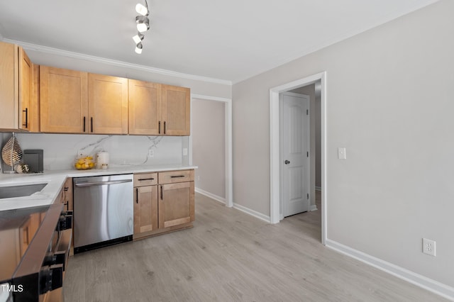 3700 Summer Pl, Raleigh, NC 27604 - kitchen featuring stainless steel dishwasher, light wood-type flooring, baseboards, crown molding, and a sink